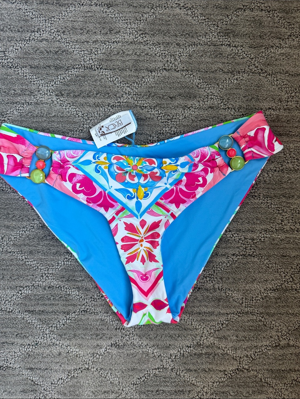 BECCA Turquoise Bikini Bottom with Pink Floral Accent